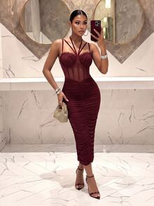 Slaydiva Women Burgundy Mesh Corset Midi Dress Halter Multi Strap Front Ruched Sheer Bodycon Sexy Club Party Calf Dress Birthday Cocktail Party Bodycon Dress - Burgundy - View 8