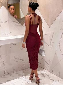 Slaydiva Women Burgundy Mesh Corset Midi Dress Halter Multi Strap Front Ruched Sheer Bodycon Sexy Club Party Calf Dress Birthday Cocktail Party Bodycon Dress - Burgundy - View 6