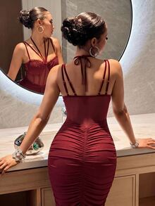 Slaydiva Women Burgundy Mesh Corset Midi Dress Halter Multi Strap Front Ruched Sheer Bodycon Sexy Club Party Calf Dress Birthday Cocktail Party Bodycon Dress - Burgundy - View 4