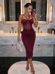 Slaydiva Women Burgundy Mesh Corset Midi Dress Halter Multi Strap Front Ruched Sheer Bodycon Sexy Club Party Calf Dress Birthday Cocktail Party Bodycon Dress - Burgundy - View 2