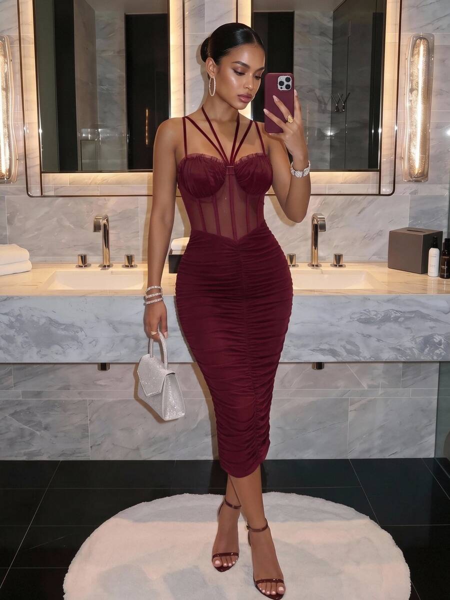 Slaydiva Women Burgundy Mesh Corset Midi Dress Halter Multi Strap Front Ruched Sheer Bodycon Sexy Club Party Calf Dress Birthday Cocktail Party Bodycon Dress
