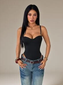 SHEIN PETITE Women's Padded Bodysuit - Black - View 9