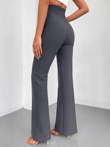 SHEIN Cottnline Solid High Waist Flare Leg Pants - Dark Grey - View 2