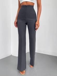 SHEIN Cottnline Solid High Waist Flare Leg Pants - Dark Grey - View 5