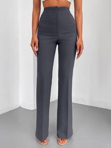 SHEIN Cottnline Solid High Waist Flare Leg Pants - Dark Grey - View 6
