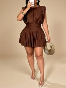 KIORVELLA Plus-Size Women's Cinched Ruched Dress For Parties, Vacations, And Commuting. - Coffee Brown - View 2