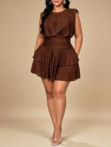 KIORVELLA Plus-Size Women's Cinched Ruched Dress For Parties, Vacations, And Commuting. - Coffee Brown - View 4