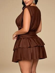 KIORVELLA Plus-Size Women's Cinched Ruched Dress For Parties, Vacations, And Commuting. - Coffee Brown - View 6