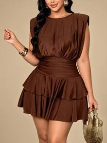 KIORVELLA Plus-Size Women's Cinched Ruched Dress For Parties, Vacations, And Commuting. - Coffee Brown - View 5
