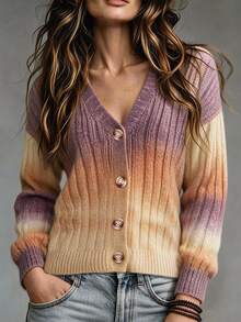 SHEIN LUNE Women's Long-Sleeve Mohair Blend Printed Cardigan, Purple To Orange Gradient, Soft Romantic Layering For Workplace & Commuting, Fall/Winter - Khaki - View 1
