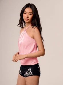 Willow Rêve 女款粉色針織細肩帶背心上衣，抽褶下擺，休閒性感，適合夏季海灘度假，優雅現代風襯衫背心 - 粉色 - 查看 6