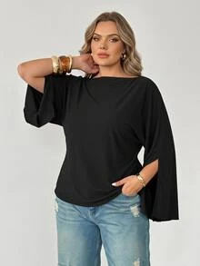 SHEIN CURVE+ Women's 22W Solid Color Pleated Casual Versatile Daily Travel T-Shirt - Black - View 5