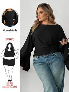 SHEIN CURVE+ Women's 22W Solid Color Pleated Casual Versatile Daily Travel T-Shirt - Black - View 1