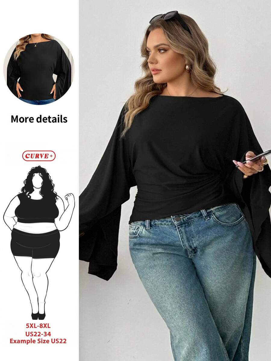 SHEIN CURVE+ Women's 22W Solid Color Pleated Casual Versatile Daily Travel T-Shirt - Black - View 1