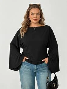 SHEIN CURVE+ Women's 22W Solid Color Pleated Casual Versatile Daily Travel T-Shirt - Black - View 4