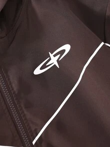 Vacaura American Street Racing Style Striped Hooded Jacket, Zipper Hooded Coat, Curved Contrast Stitching Design On Body, Short Loose Fit Snug Fit Versatile, Suitable For All Body Types; Full Zip Closure Flexible Styling, Perfect For Daily Wear, Streetwear, Spring/Autumn Single Layer, Early Winter Layering - Brown - View 4