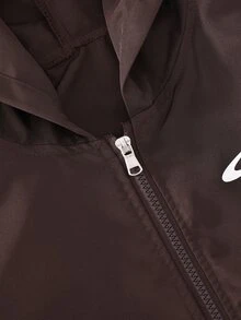 Vacaura American Street Racing Style Striped Hooded Jacket, Zipper Hooded Coat, Curved Contrast Stitching Design On Body, Short Loose Fit Snug Fit Versatile, Suitable For All Body Types; Full Zip Closure Flexible Styling, Perfect For Daily Wear, Streetwear, Spring/Autumn Single Layer, Early Winter Layering - Brown - View 3