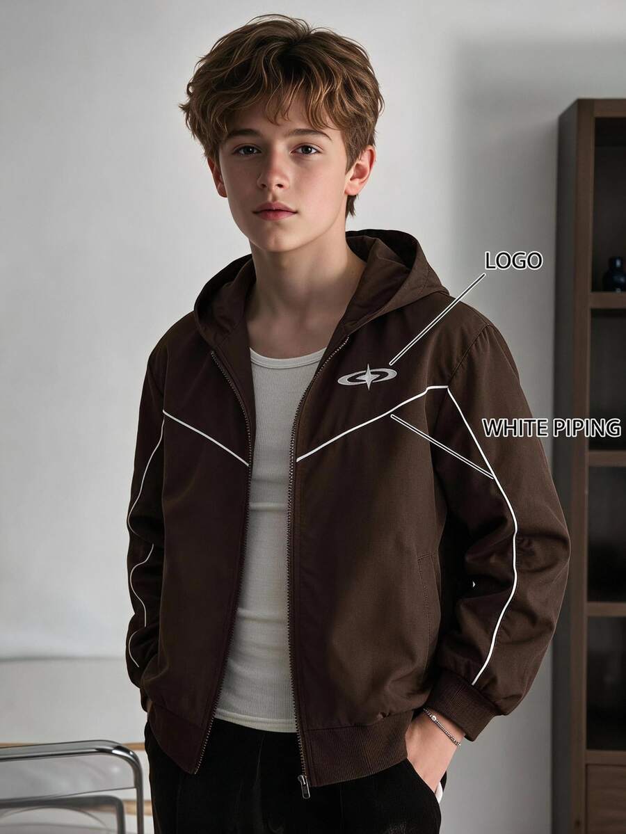 Vacaura American Street Racing Style Striped Hooded Jacket, Zipper Hooded Coat, Curved Contrast Stitching Design On Body, Short Loose Fit Snug Fit Versatile, Suitable For All Body Types; Full Zip Closure Flexible Styling, Perfect For Daily Wear, Streetwear, Spring/Autumn Single Layer, Early Winter Layering - Brown - View 1