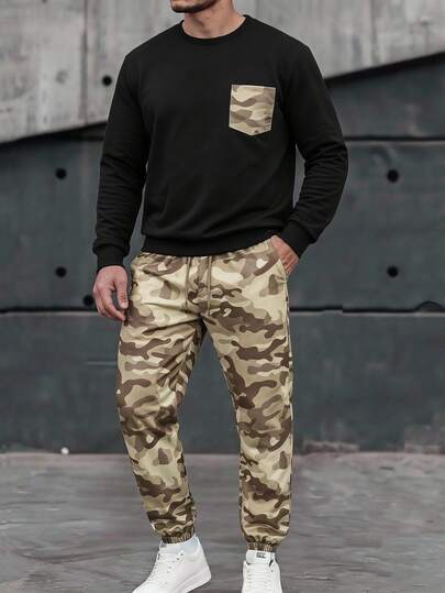 SHEIN 2pcs Teen Boy Fashion Black Sweatshirt And Digital Print Pants Set, Stylish Streetwear, Soft And Comfortable Fabric, Easy To Wear, Suitable For Spring And Autumn, School And Outings, Must-Have