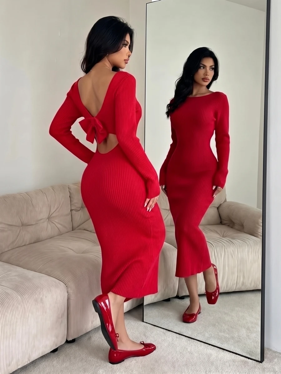 SHEIN Unity Sexy Bowknot Decor Backless Slim Fit Maxi Sweater Dress For New Year Clothes Fall Cloth For Women - Red - View 1