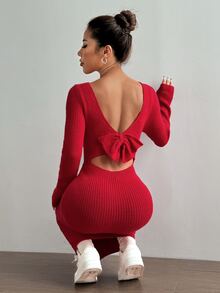 SHEIN Unity Sexy Bowknot Decor Backless Slim Fit Maxi Sweater Dress For New Year Clothes Fall Cloth For Women - Red - View 6
