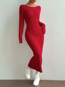 SHEIN Unity Sexy Bowknot Decor Backless Slim Fit Maxi Sweater Dress For New Year Clothes Fall Cloth For Women - Red - View 7
