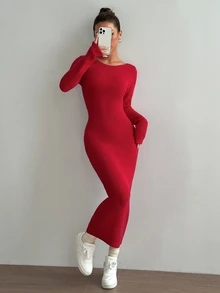 SHEIN Unity Sexy Bowknot Decor Backless Slim Fit Maxi Sweater Dress For New Year Clothes Fall Cloth For Women - Red - View 4