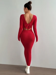 SHEIN Unity Sexy Bowknot Decor Backless Slim Fit Maxi Sweater Dress For New Year Clothes Fall Cloth For Women - Red - View 5