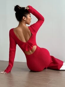 SHEIN Unity Sexy Bowknot Decor Backless Slim Fit Maxi Sweater Dress For New Year Clothes Fall Cloth For Women - Red - View 3