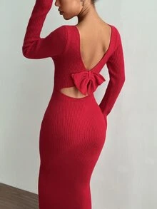 SHEIN Unity Sexy Bowknot Decor Backless Slim Fit Maxi Sweater Dress For New Year Clothes Fall Cloth For Women - Red - View 2