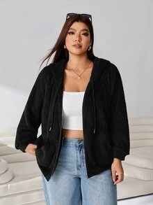 Solflare Sweatshirt Wanita Ukuran Plus Warna Hitam Polos Lengan Panjang dengan Resleting Depan dan Tali Serut, Model Musim Gugur/Dingin Terbaru, Hangat dan Nyaman untuk di Rumah, Jalan-jalan, Kencan & Sekolah - Hitam - View 4