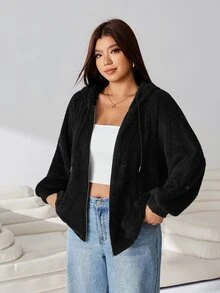 Solflare Sweatshirt Wanita Ukuran Plus Warna Hitam Polos Lengan Panjang dengan Resleting Depan dan Tali Serut, Model Musim Gugur/Dingin Terbaru, Hangat dan Nyaman untuk di Rumah, Jalan-jalan, Kencan & Sekolah - Hitam - View 7