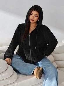 Solflare Sweatshirt Wanita Ukuran Plus Warna Hitam Polos Lengan Panjang dengan Resleting Depan dan Tali Serut, Model Musim Gugur/Dingin Terbaru, Hangat dan Nyaman untuk di Rumah, Jalan-jalan, Kencan & Sekolah - Hitam - View 6