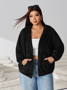 Solflare Sweatshirt Wanita Ukuran Plus Warna Hitam Polos Lengan Panjang dengan Resleting Depan dan Tali Serut, Model Musim Gugur/Dingin Terbaru, Hangat dan Nyaman untuk di Rumah, Jalan-jalan, Kencan & Sekolah - Hitam - View 8