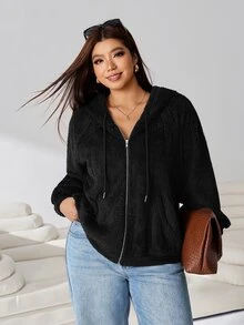 Solflare Sweatshirt Wanita Ukuran Plus Warna Hitam Polos Lengan Panjang dengan Resleting Depan dan Tali Serut, Model Musim Gugur/Dingin Terbaru, Hangat dan Nyaman untuk di Rumah, Jalan-jalan, Kencan & Sekolah - Hitam - View 5