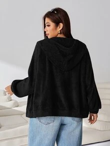 Solflare Sweatshirt Wanita Ukuran Plus Warna Hitam Polos Lengan Panjang dengan Resleting Depan dan Tali Serut, Model Musim Gugur/Dingin Terbaru, Hangat dan Nyaman untuk di Rumah, Jalan-jalan, Kencan & Sekolah - Hitam - View 3