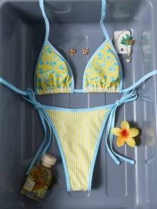 SHEIN Swim 女士休闲度假碎花吊带比基尼两件套泳衣 - 黃色 - 查看 3