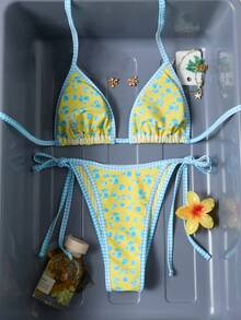 SHEIN Swim 女士休闲度假碎花吊带比基尼两件套泳衣 - 黃色 - 查看 4