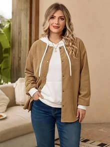 Rosumi Plus Size Women's Solid Color Long Sleeve Single-Breasted Casual Loose Fit Jacket Fall - Khaki - View 5