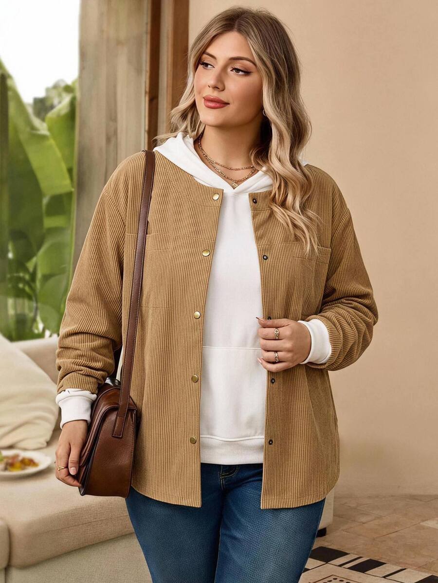 Rosumi Plus Size Women's Solid Color Long Sleeve Single-Breasted Casual Loose Fit Jacket Fall - Khaki - View 1