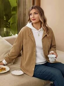 Rosumi Plus Size Women's Solid Color Long Sleeve Single-Breasted Casual Loose Fit Jacket Fall - Khaki - View 6