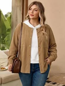 Rosumi Plus Size Women's Solid Color Long Sleeve Single-Breasted Casual Loose Fit Jacket Fall - Khaki - View 4