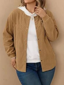 Rosumi Plus Size Women's Solid Color Long Sleeve Single-Breasted Casual Loose Fit Jacket Fall - Khaki - View 2