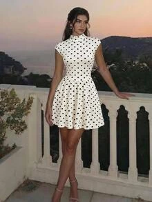 SHEIN MOD فستان نسائي بنقاط بولكا بياقة عالية من الصوف المحبوك - أبيض وأسود - مشاهدة 1