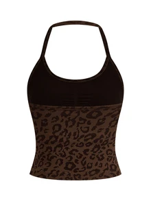 SHEIN Cheerettes Women's Leopard Print Halter Neck Tank Top And Shorts Sports Set - Coffee Brown - View 8