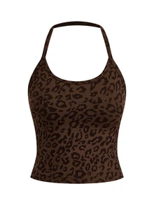 SHEIN Cheerettes Women's Leopard Print Halter Neck Tank Top And Shorts Sports Set - Coffee Brown - View 12