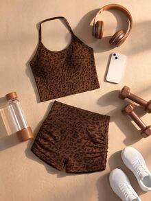 SHEIN Cheerettes Women's Leopard Print Halter Neck Tank Top And Shorts Sports Set - Coffee Brown - View 1