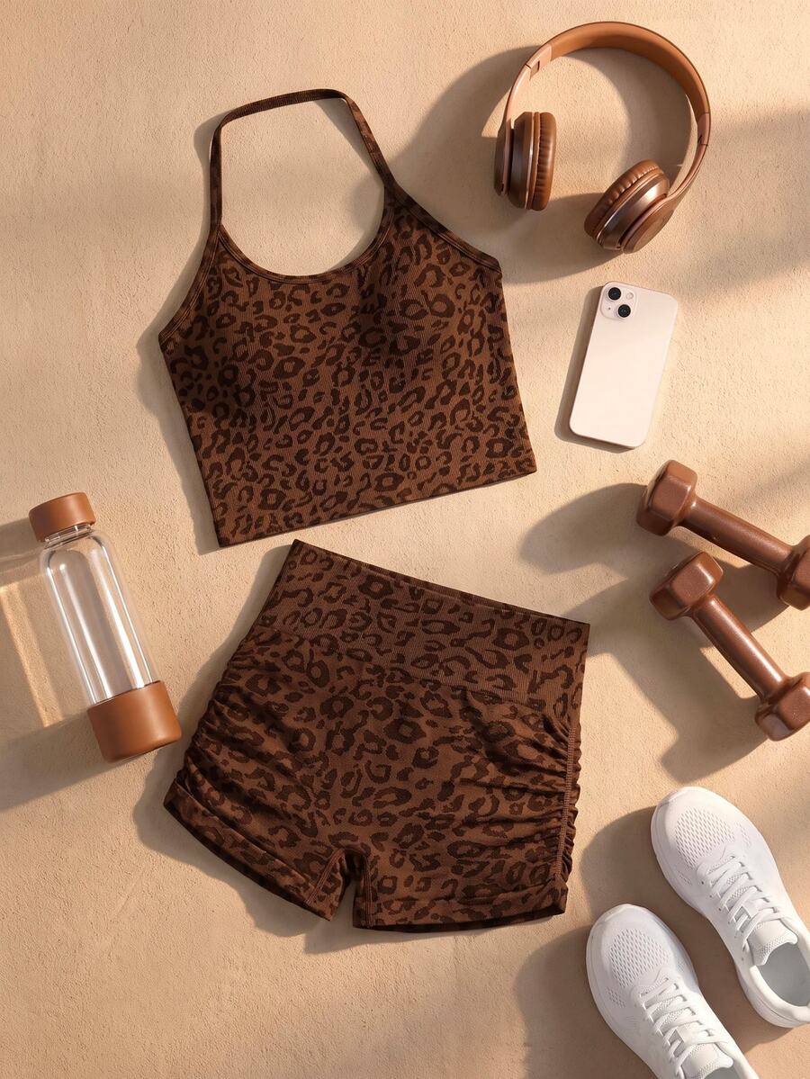 SHEIN Cheerettes Women's Leopard Print Halter Neck Tank Top And Shorts Sports Set - Coffee Brown - View 1
