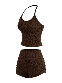 SHEIN Cheerettes Women's Leopard Print Halter Neck Tank Top And Shorts Sports Set - Coffee Brown - View 11