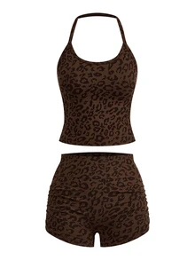 SHEIN Cheerettes Women's Leopard Print Halter Neck Tank Top And Shorts Sports Set - Coffee Brown - View 3
